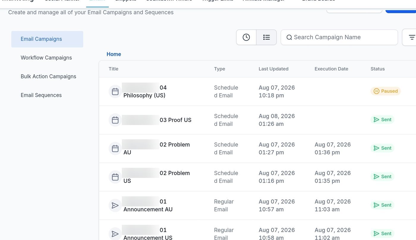 Launch emails in GoHighLevel: announcement, problem, proof and philosophy, in US and Australian versions